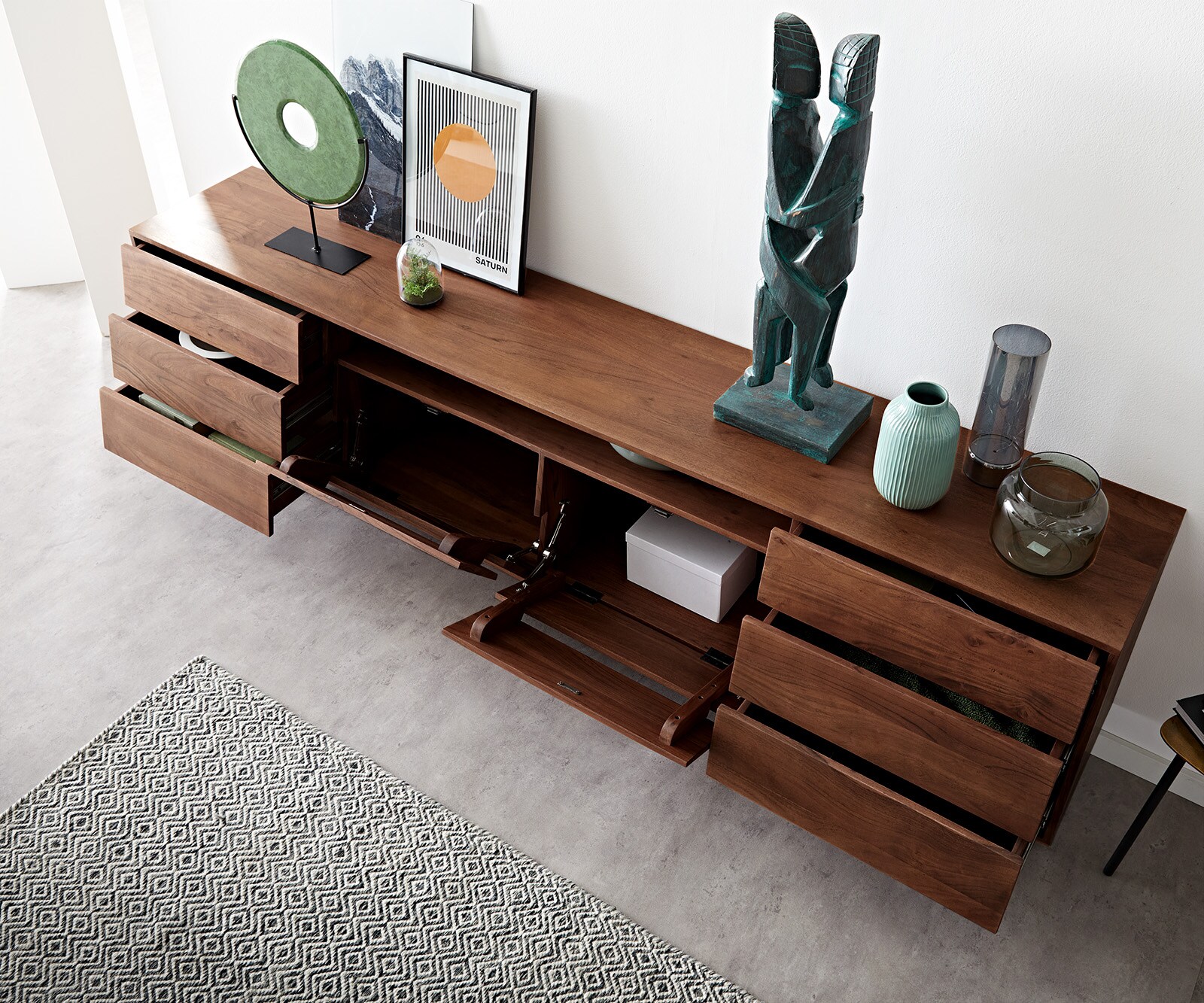 Buffet Eloi 240x40 cm acacia brun 2 portes 6 tiroirs pied en V noir 3